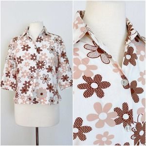 Vintage Womens 90s Does 70s Brown Flower Power Blouse Top // Size‎ Small